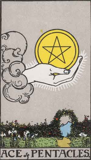 Ace of Pentacles from the Rider-Waite tarot deck (public domain)