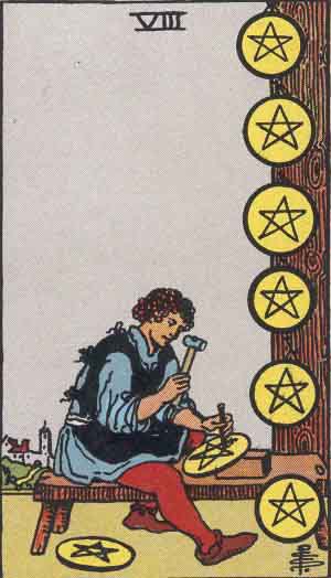 Eight of Pentacles from the Rider-Waite tarot deck (public domain)