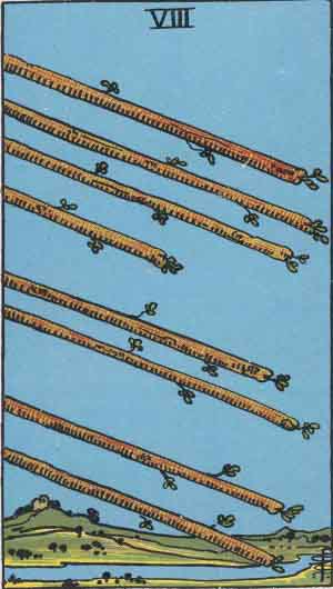 Eight of Wands from the Rider-Waite tarot deck (public domain)