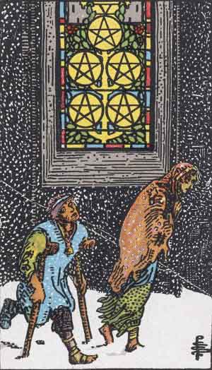 Five of Pentacles from the Rider-Waite tarot deck (public domain)
