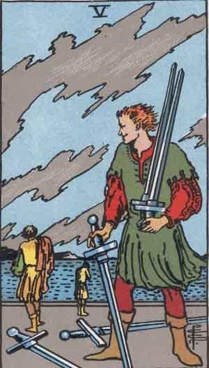 Five of Swords from the Rider-Waite tarot deck (public domain)