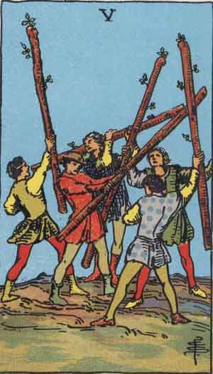 Five of Wands from the Rider-Waite tarot deck (public domain)