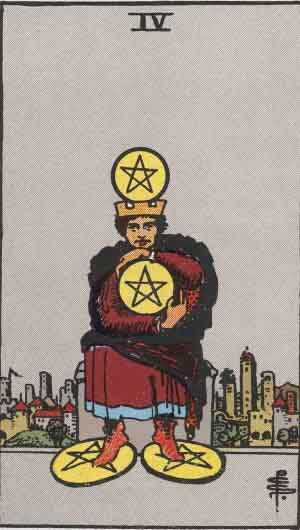 Four of Pentacles from the Rider-Waite tarot deck (public domain)