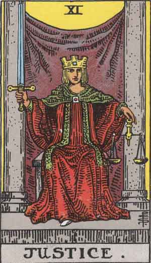 Justice from the Rider-Waite tarot deck (public domain)
