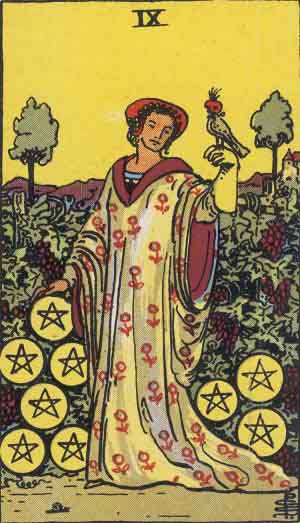 Nine of Pentacles from the Rider-Waite tarot deck (public domain)