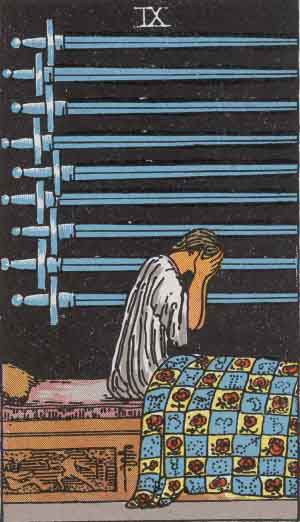 Nine of Swords from the Rider-Waite tarot deck (public domain)