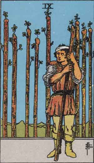 Nine of Wands from the Rider-Waite tarot deck (public domain)