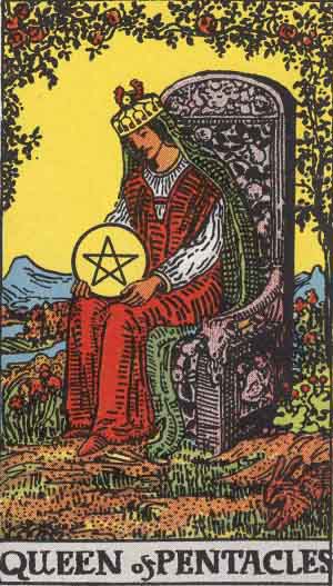 Queen of Pentacles from the Rider-Waite tarot deck (public domain)