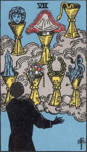 Seven of Cups from the Rider-Waite tarot deck (public domain)