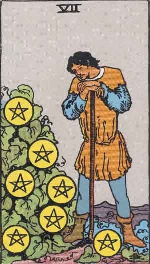 Seven of Pentacles from the Rider-Waite tarot deck (public domain)