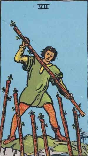 Seven of Wands from the Rider-Waite tarot deck (public domain)