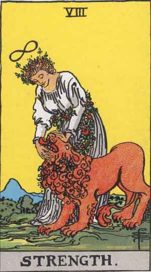 Strength from the Rider-Waite tarot deck (public domain)