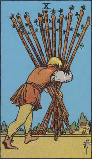 Ten of Wands from the Rider-Waite tarot deck (public domain)
