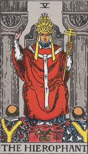 The Hierophant from the Rider-Waite tarot deck (public domain)
