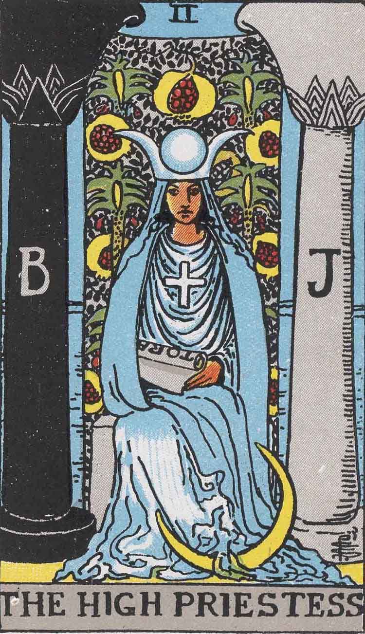 The High Priestess from the Rider-Waite tarot deck (public domain)