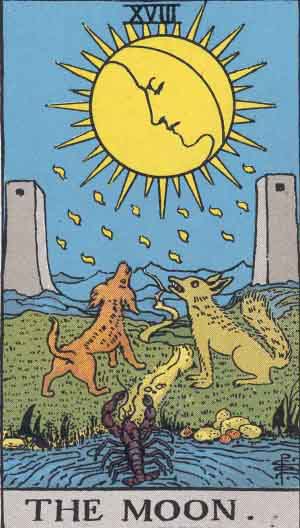 The Moon from the Rider-Waite tarot deck (public domain)