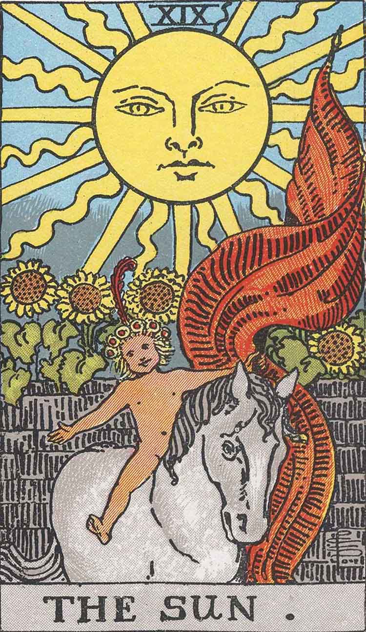 The Sun from the Rider-Waite tarot deck (public domain)