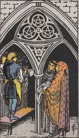 Three of Pentacles from the Rider-Waite tarot deck (public domain)