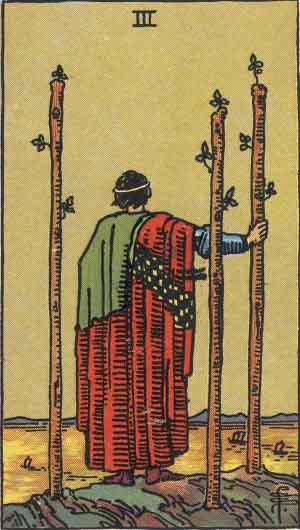 Three of Wands from the Rider-Waite tarot deck (public domain)