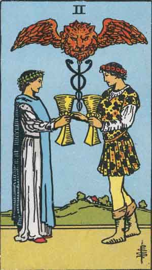 Two of Cups from the Rider-Waite tarot deck (public domain)