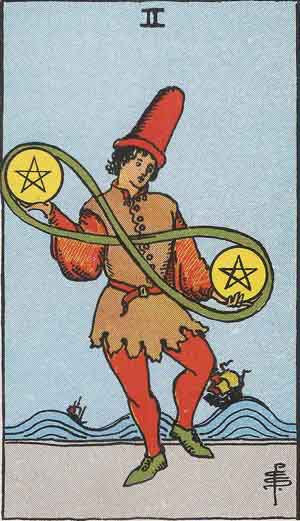 Two of Pentacles from the Rider-Waite tarot deck (public domain)