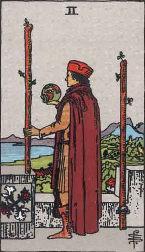 Two of Wands from the Rider-Waite tarot deck (public domain)